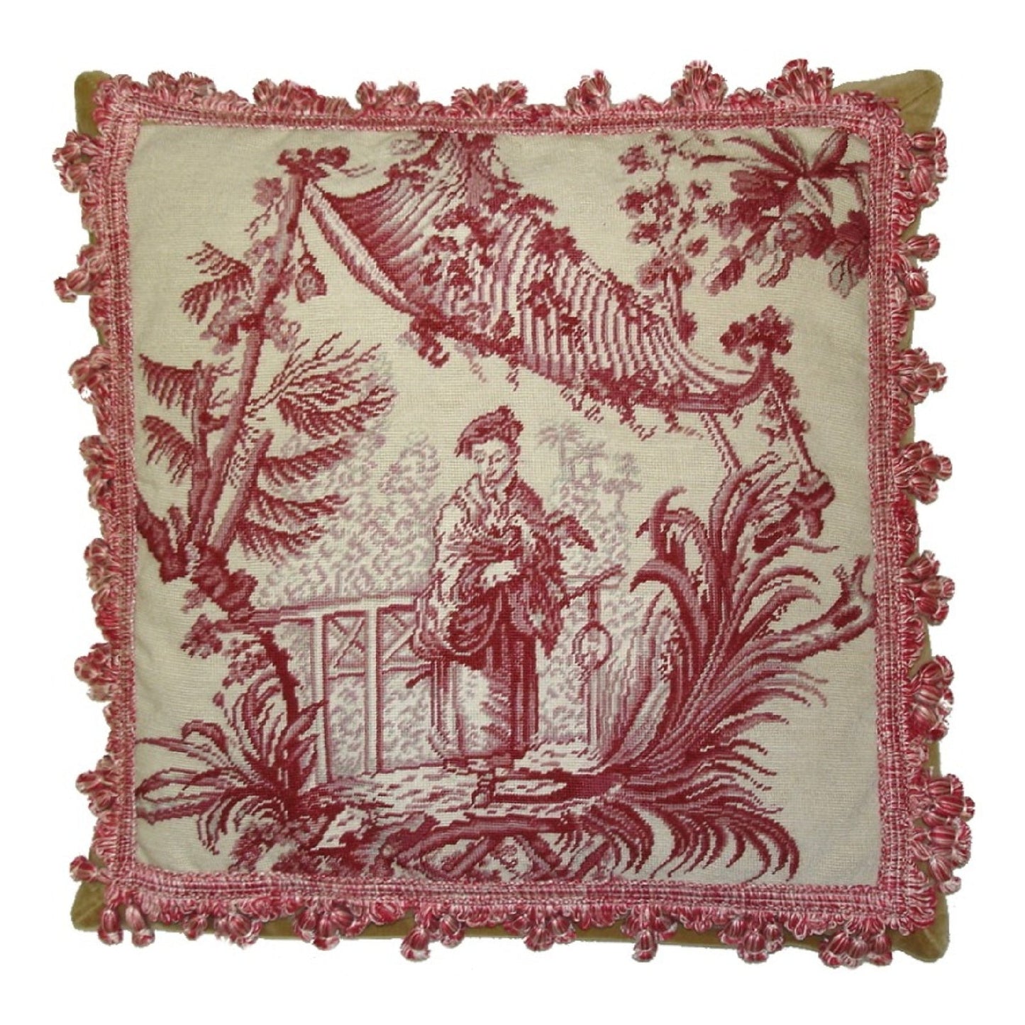Handmade Wool Needlepoint Pillow Cover - Decorative Throw Cushion Cover - Vintage Floral Embroidery Design Chinese fishman red/white
