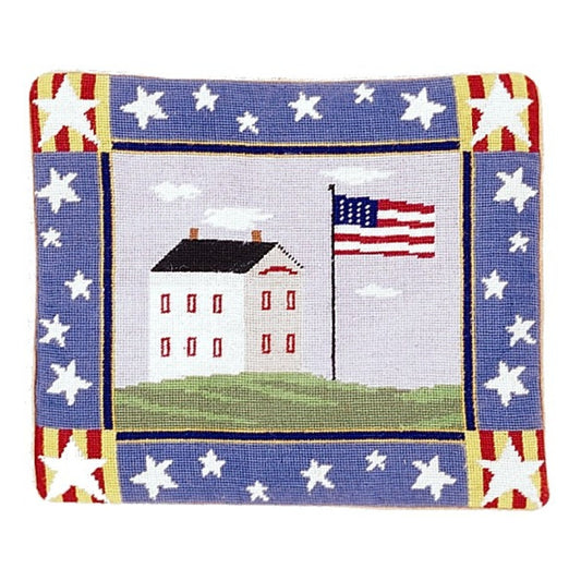 Handmade Wool Needlepoint Pillow Cover - Decorative Throw Cushion Cover - Vintage Floral Embroidery Design house & flag 4 stars on the 4 corner