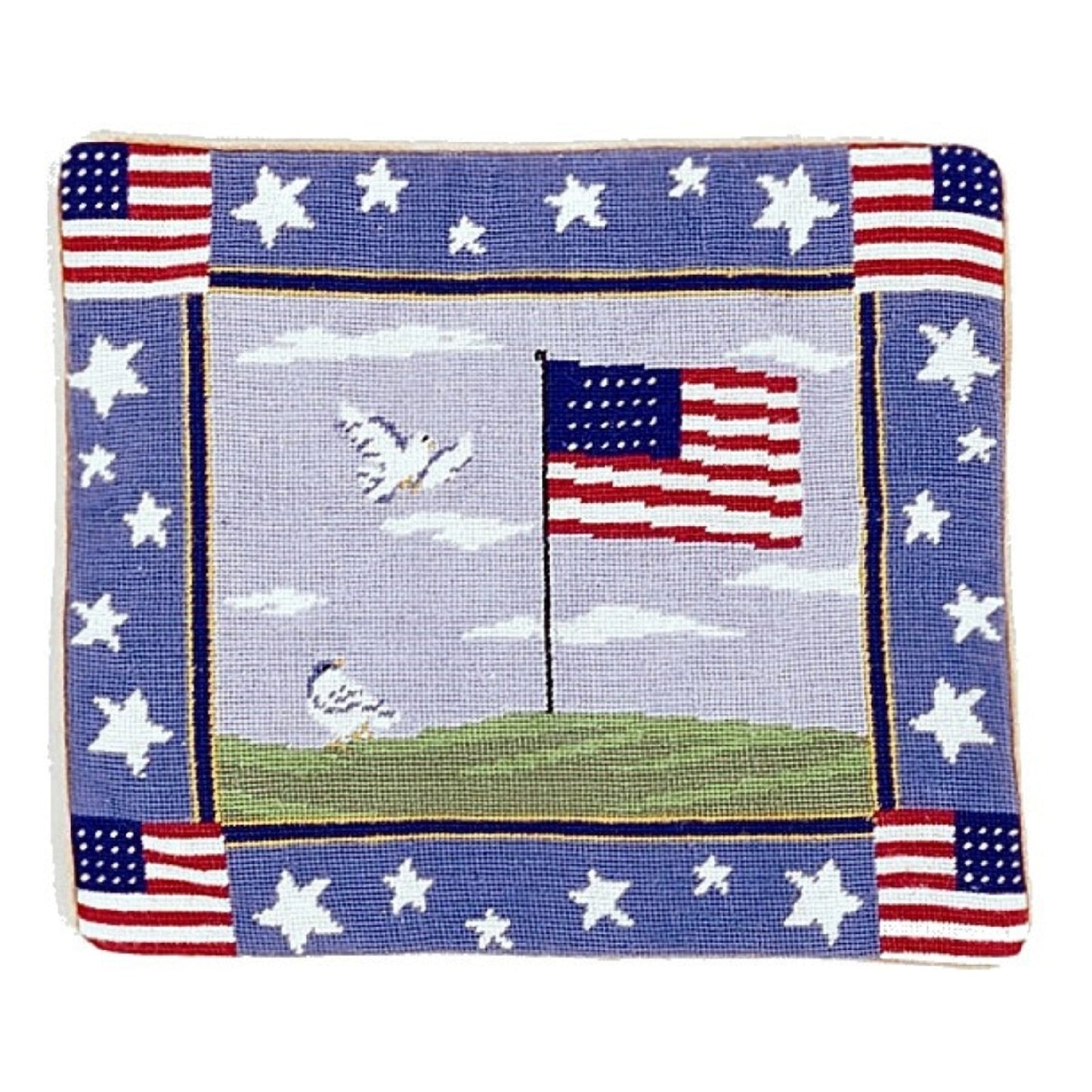 Handmade Wool Needlepoint Pillow Cover - Decorative Throw Cushion Cover - Vintage Floral Embroidery Design center flag & 4 corner 4 flags
