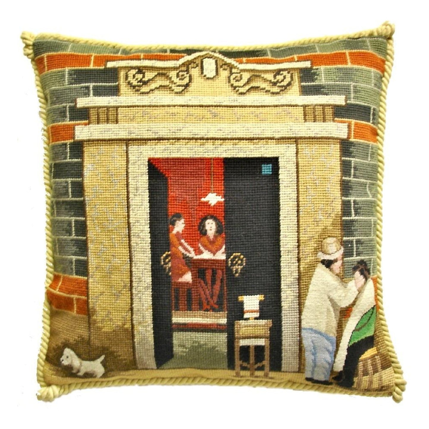 Handmade Wool Needlepoint Pillow Cover - Decorative Throw Cushion Cover - Vintage Floral Embroidery Design Shanghai ShiKuMen with cording I