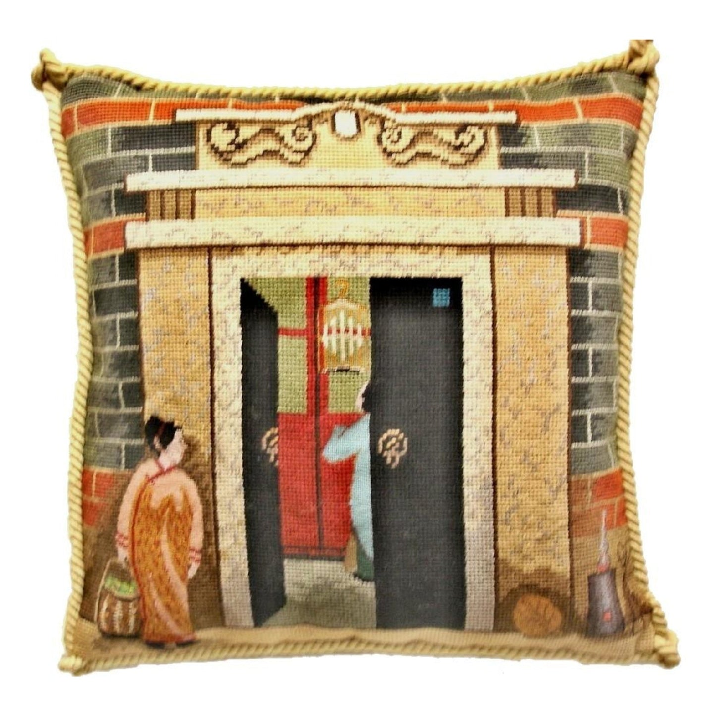 Handmade Wool Needlepoint Pillow Cover - Decorative Throw Cushion Cover - Vintage Floral Embroidery Design Shanghai ShiKuMen with cording