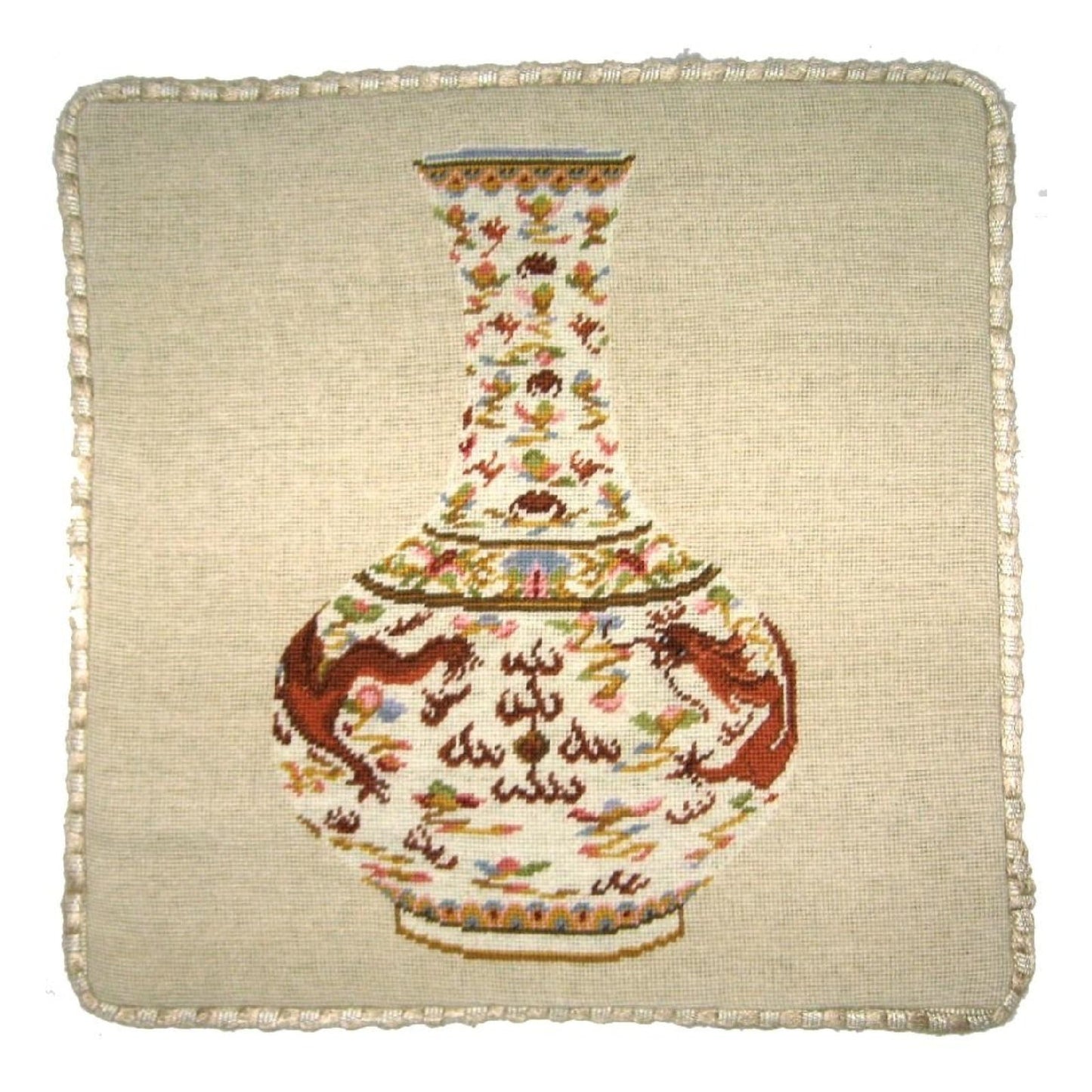 Handmade Wool Needlepoint Pillow Cover - Decorative Throw Cushion Cover - Vintage Floral Embroidery Design Ming dynasty dragon vast with cording
