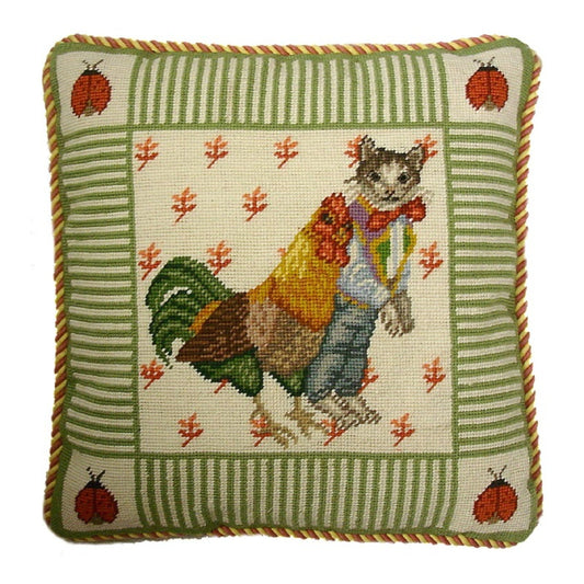Handmade Wool Needlepoint Pillow Cover - Decorative Throw Cushion Cover - Vintage Floral Embroidery Design cat boy & chicken ladybug on 4 corners mauve & yellow cording