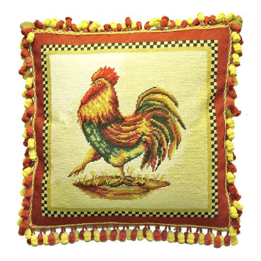 Handmade Wool Needlepoint Pillow Cover - Decorative Throw Cushion Cover - Vintage Floral Embroidery Design rooster 2 color onion tassel