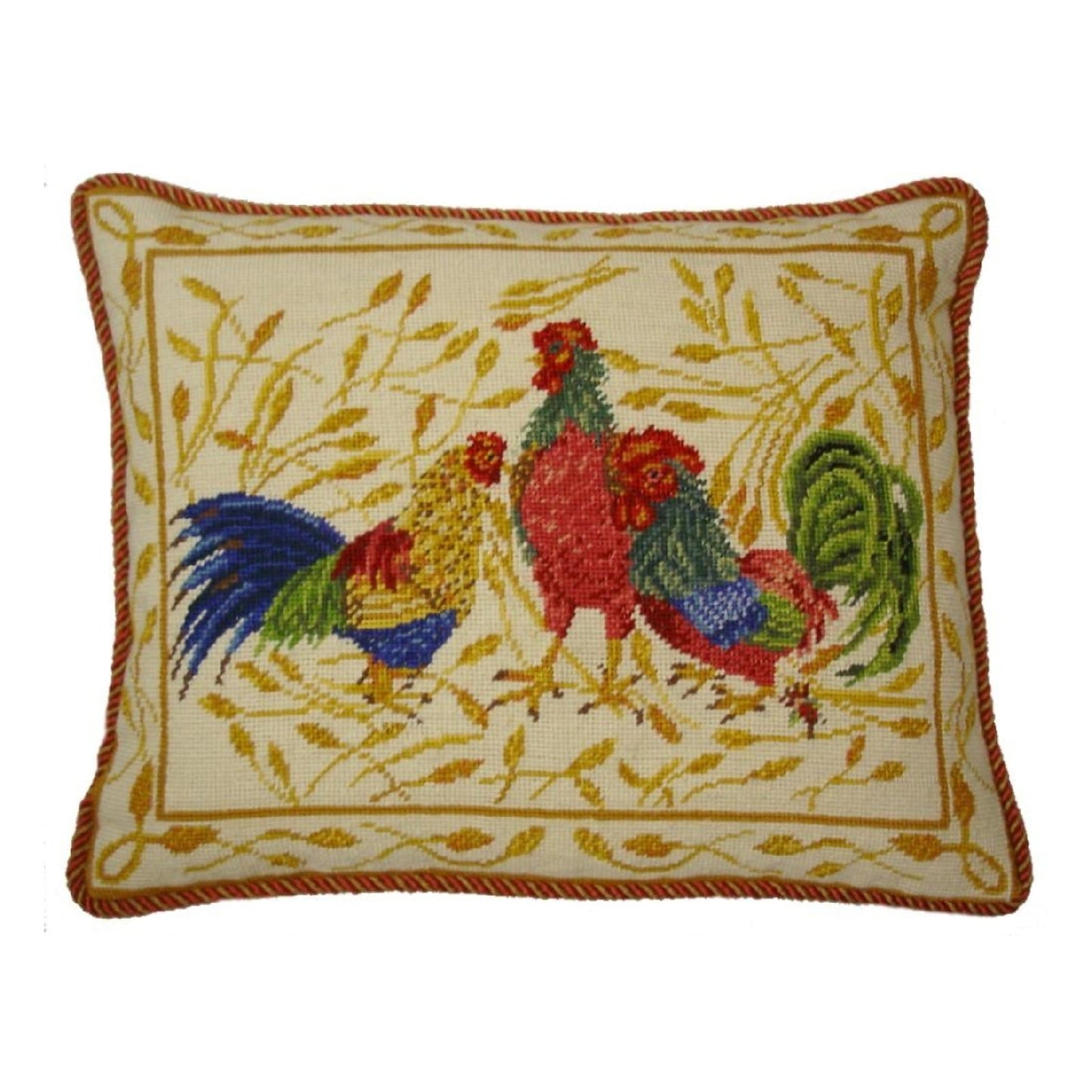 Handmade Wool Needlepoint Pillow Cover - Decorative Throw Cushion Cover - Vintage Floral Embroidery Design 3 roosters Anne Hathaways Design