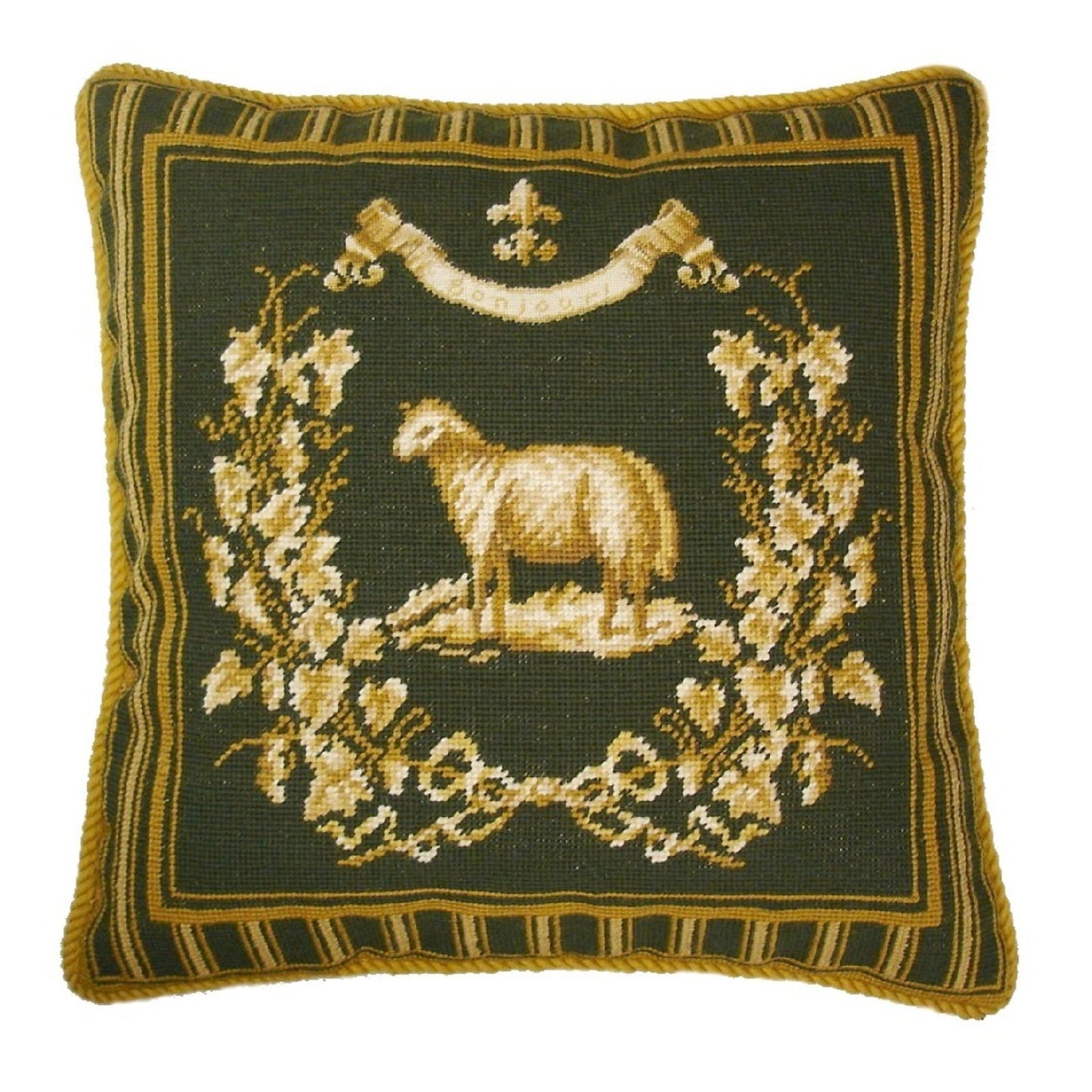 Handmade Wool Needlepoint Pillow Cover - Decorative Throw Cushion Cover - Vintage Floral Embroidery Design Gayle Bighouses Design french country sheep green