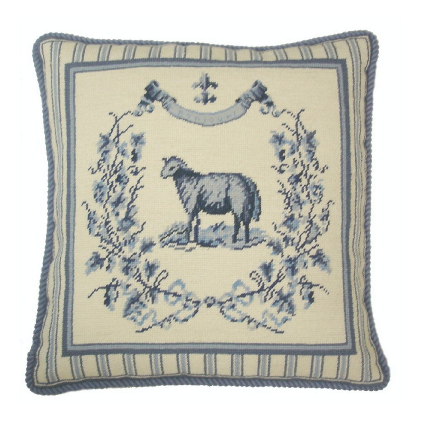 Handmade Wool Needlepoint Pillow Cover - Decorative Throw Cushion Cover - Vintage Floral Embroidery Design Gayle Bighouses design french country sheep blue