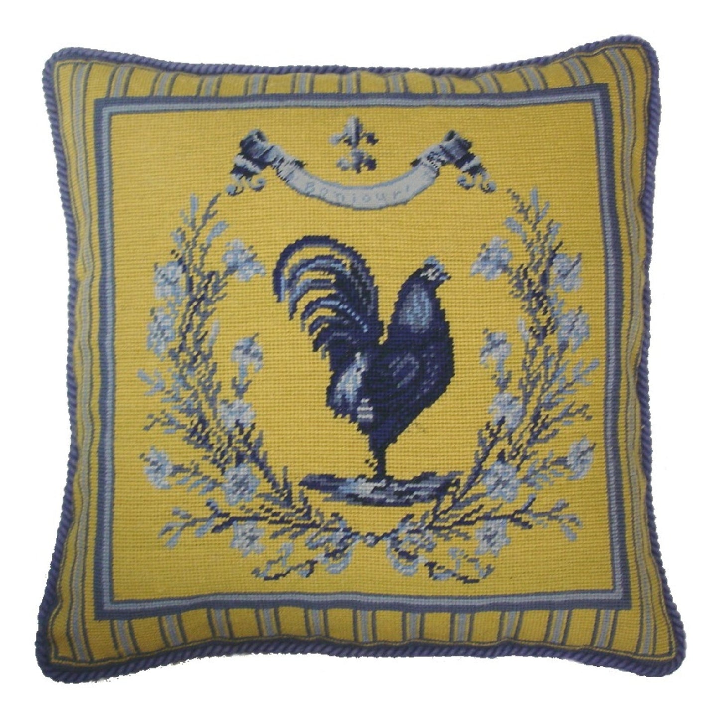 Handmade Wool Needlepoint Pillow Cover - Decorative Throw Cushion Cover - Vintage Floral Embroidery DesignGrosspoint yellow/blue Rooster with cording