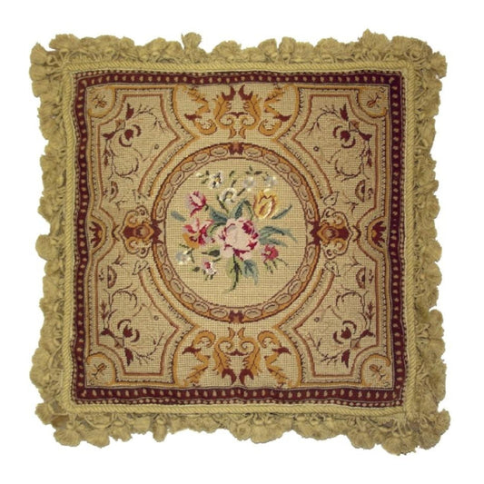 Handmade Wool Needlepoint Pillow Cover - Decorative Throw Cushion Cover - Vintage Floral Embroidery Design golden antique frame & roses center with gold tassels
