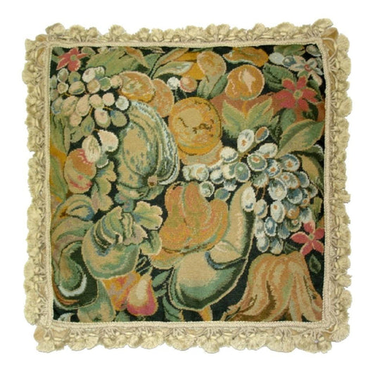 Handmade Wool Needlepoint Pillow Cover - Decorative Throw Cushion Cover - Vintage Floral Embroidery Design  old world fruites with tassels