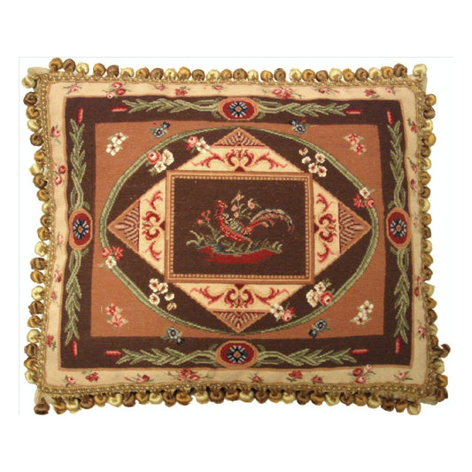 Handmade Wool Needlepoint Pillow Cover - Decorative Throw Cushion Cover - Vintage Floral Embroidery Design  pheasant center with tassels