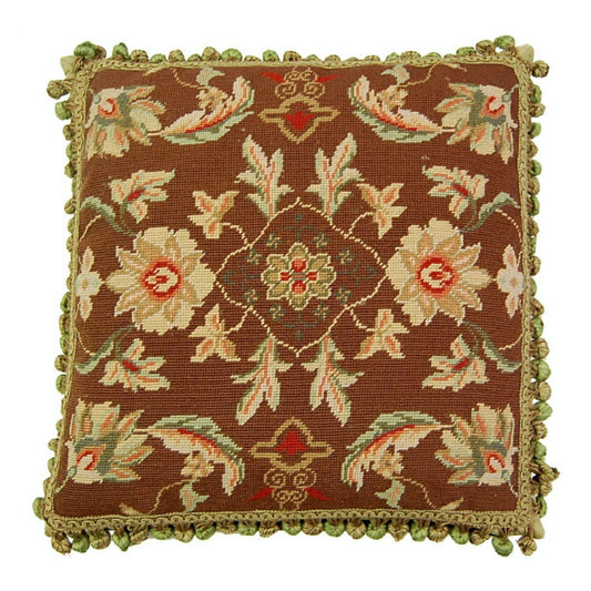 Handmade Wool Needlepoint Pillow Cover - Decorative Throw Cushion Cover - Vintage Floral Embroidery Design milk chocolate background 3 big flowers center with tassels