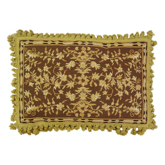 Handmade Wool Needlepoint Pillow Cover - Decorative Throw Cushion Cover - Vintage Floral Embroidery Design milk brown-gold small leaves with cold tassels