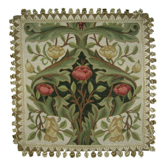 Handmade Wool Needlepoint Pillow Cover - Decorative Throw Cushion Cover - Vintage Floral Embroidery Design  old roses dark green center with tassels