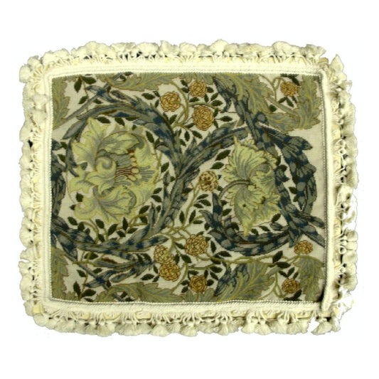 Handmade Wool Needlepoint Pillow Cover - Decorative Throw Cushion Cover - Vintage Floral Embroidery Design All  William Morris Old World leafs with white tassels