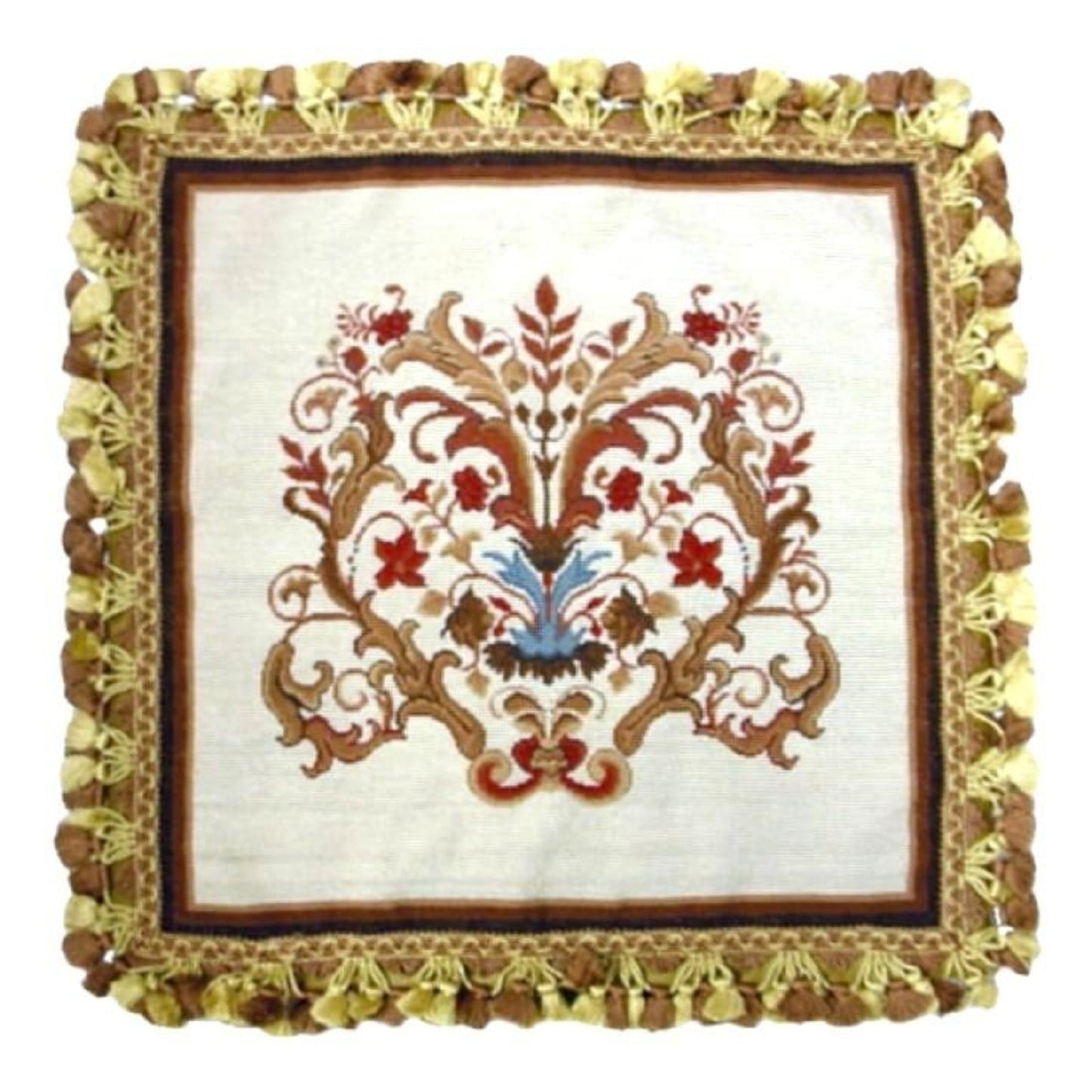 Handmade Wool Needlepoint Pillow Cover - Decorative Throw Cushion Cover - Vintage Floral Embroidery Design floral with tassel