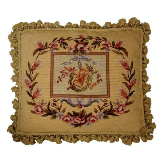 Handmade Wool Needlepoint Pillow Cover - Decorative Throw Cushion Cover - Vintage Floral Embroidery Design Pettipoing Drum background