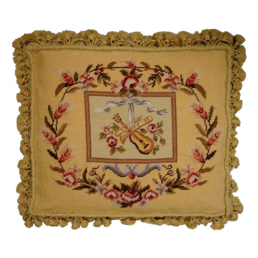 Handmade Wool Needlepoint Pillow Cover - Decorative Throw Cushion Cover - Vintage Floral Embroidery Design  Violin background