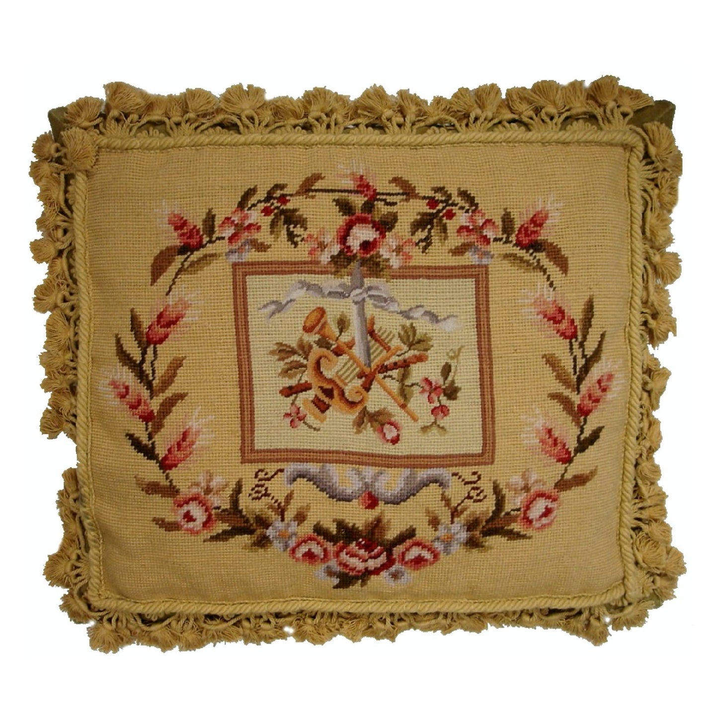 Handmade Wool Needlepoint Pillow Cover - Decorative Throw Cushion Cover - Vintage Floral Embroidery Design Harp background