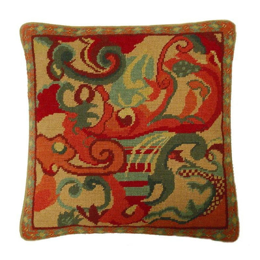 Handmade Wool Needlepoint Pillow Cover - Decorative Throw Cushion Cover - Vintage Floral Embroidery Design cloudy in shade of rich gold, red, green