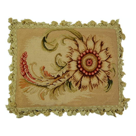 Handmade Wool Needlepoint Pillow Cover - Decorative Throw Cushion Cover - Vintage Floral Embroidery Design Wheat flower side with tassels