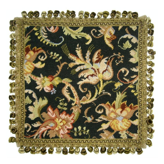 Handmade Wool Needlepoint Pillow Cover - Decorative Throw Cushion Cover - Vintage Floral Embroidery Design wheat flower blooming in autumn midnight washed black back with tassels