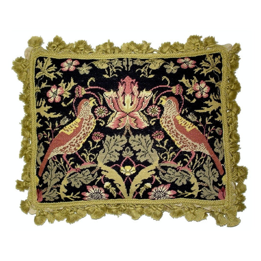 Handmade Wool Needlepoint Pillow Cover - Decorative Throw Cushion Cover - Vintage Floral Embroidery Design William Moris design 2 pink birds dark navy background gold tassels