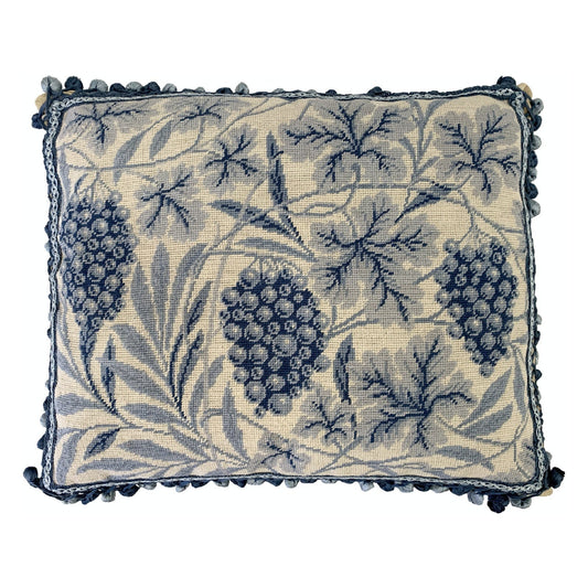 Handmade Wool Needlepoint Pillow Cover - Decorative Throw Cushion Cover - Vintage Floral Embroidery Design William Morris grapes with tassels