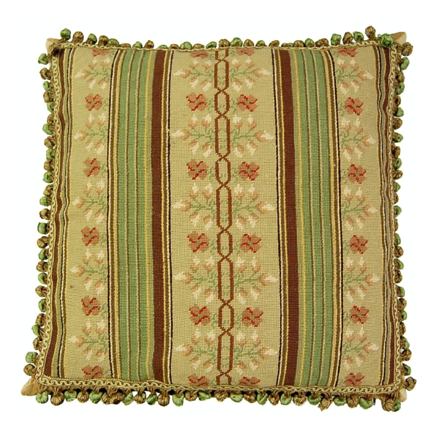 Handmade Wool Needlepoint Pillow Cover - Decorative Throw Cushion Cover - Vintage Floral Embroidery Design green/brown small patten center with 3 color tassels