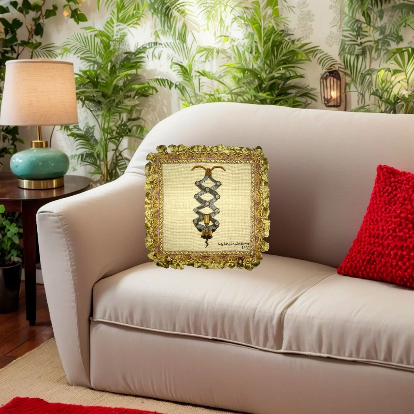 Handmade Wool Needlepoint Pillow Cover - Decorative Throw Cushion Cover - Vintage Floral Embroidery Design Zig Zag, Inglaterra with 2 color tassel