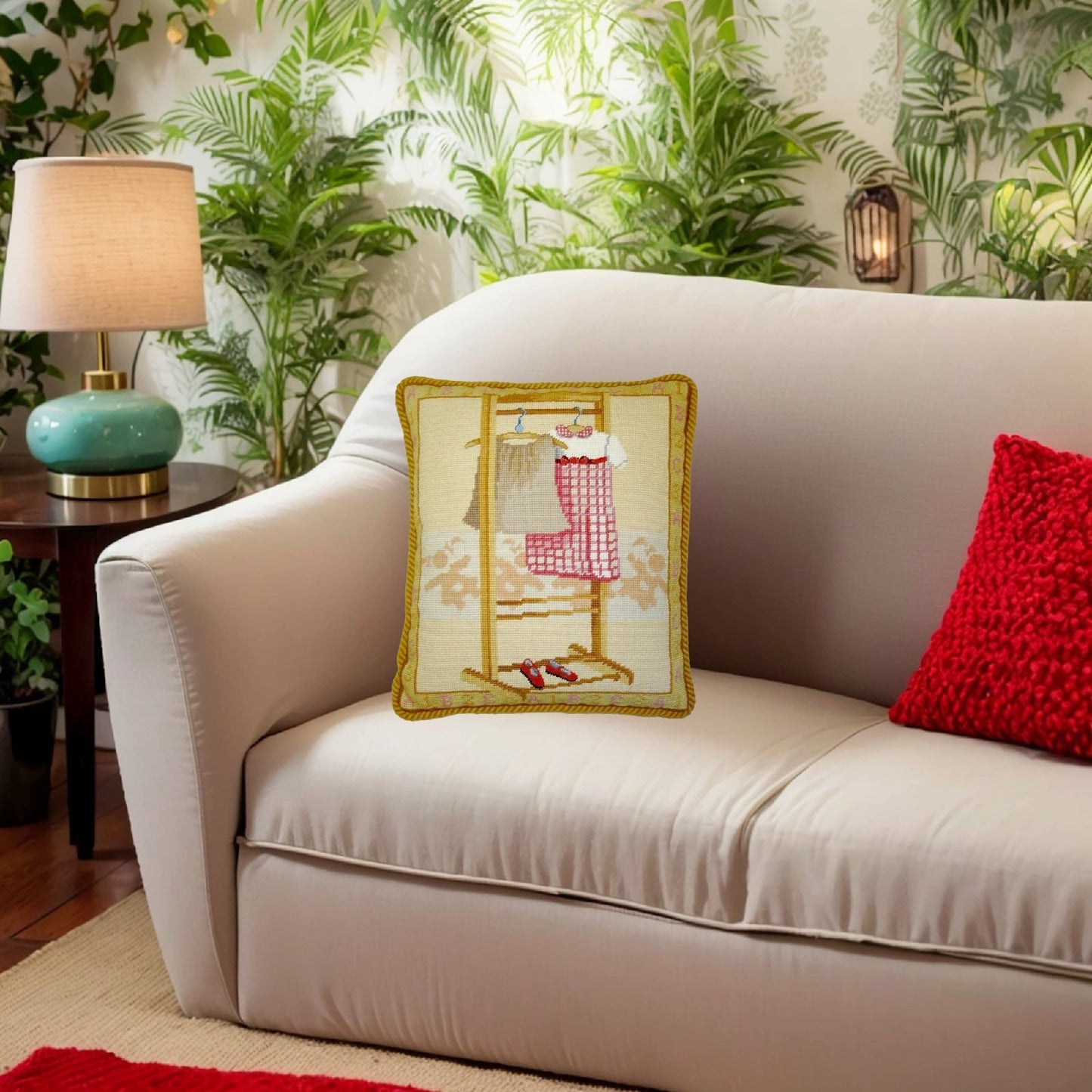 Handmade Wool Needlepoint Pillow Cover - Decorative Throw Cushion Cover - Vintage Floral Embroidery Design pink dress with gold cording
