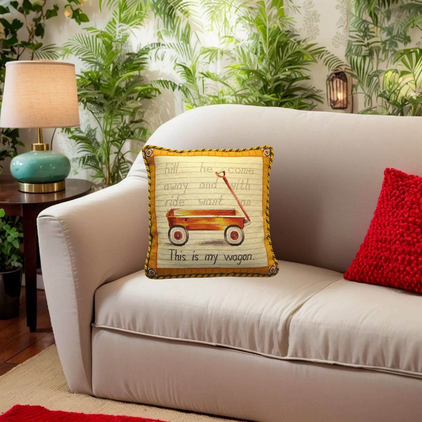 Handmade Wool Needlepoint Pillow Cover - Decorative Throw Cushion Cover - Vintage Floral Embroidery Design Wagon Lauren Hamilton Design