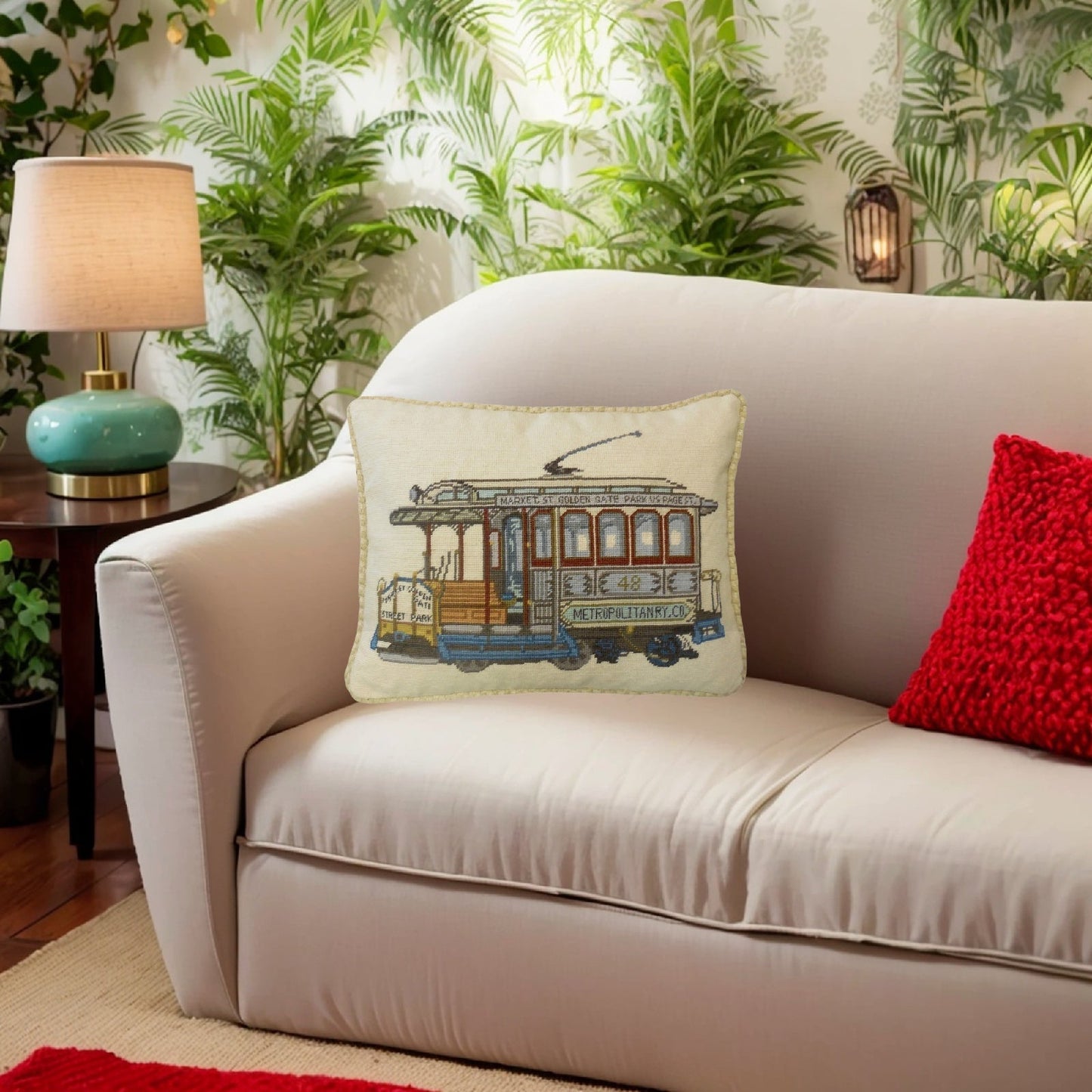 Handmade Wool Needlepoint Pillow Cover - Decorative Throw Cushion Cover - Vintage Floral Embroidery Design of SF cable car Market-GGP-Page St checker cording
