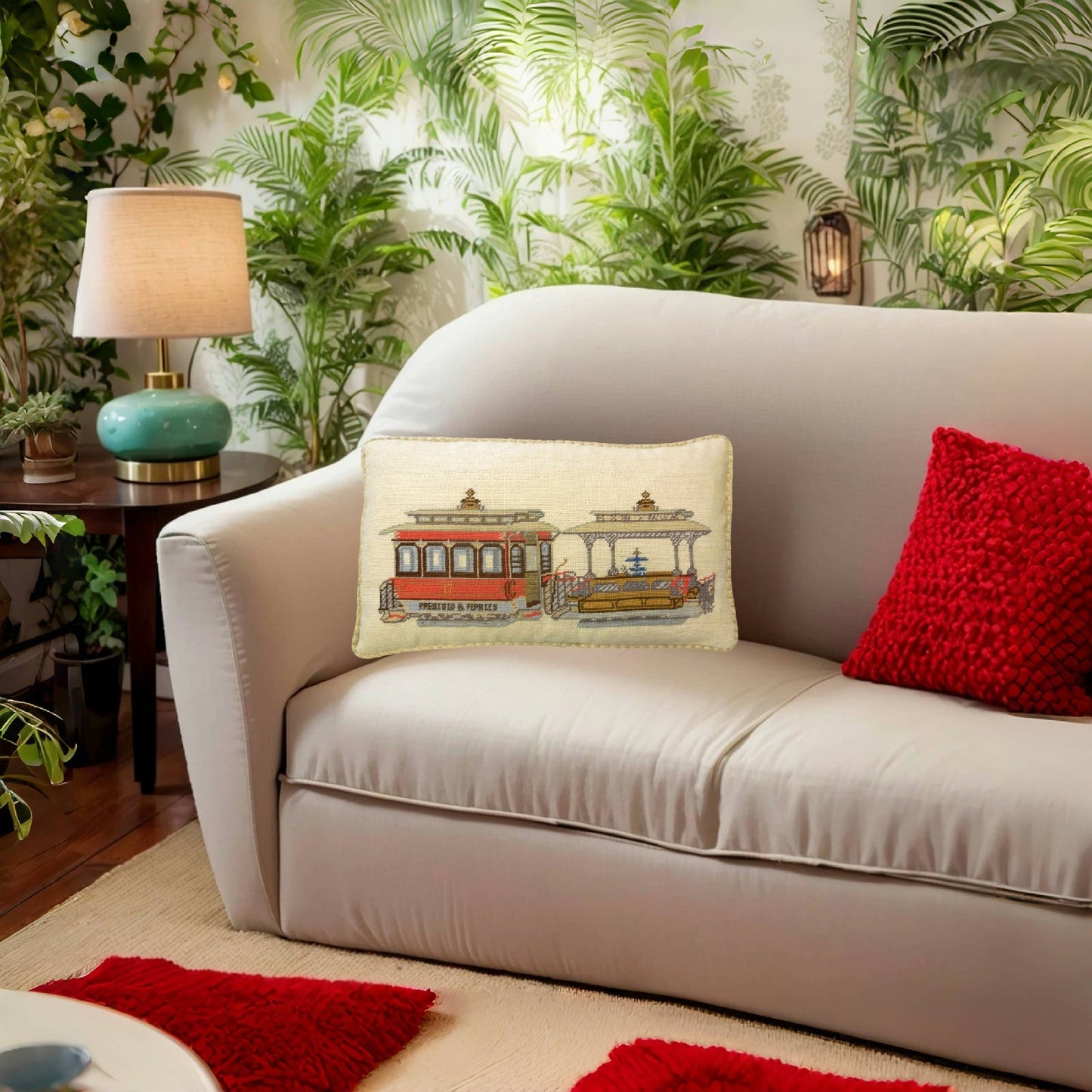 Handmade Wool Needlepoint Pillow Cover - Decorative Throw Cushion Cover - Vintage Floral Embroidery Design SF cable car Presidio- Ferries checker cording