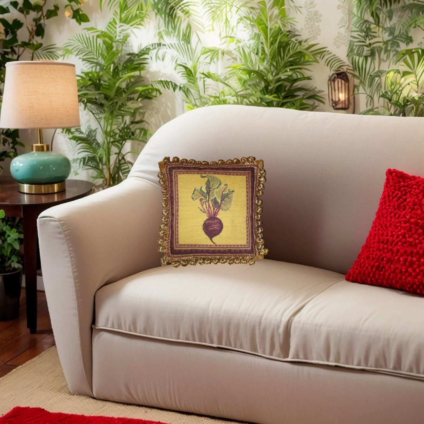 Handmade Wool Needlepoint Pillow Cover - Decorative Throw Cushion Cover - Vintage Floral Embroidery Design background 3 color tassel 3