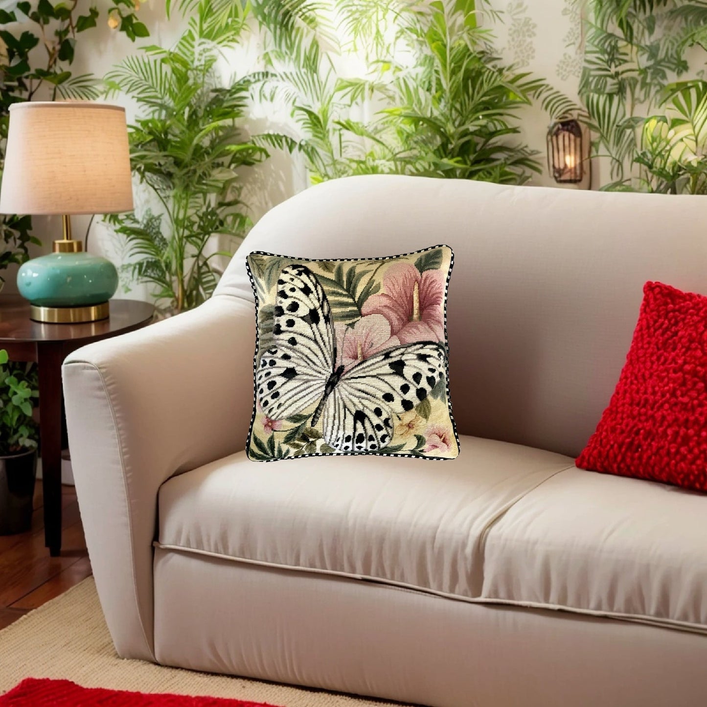 Handmade Wool Needlepoint Pillow Cover - Decorative Throw Cushion Cover - Vintage Floral Embroidery Design butterfly w/b dark dots & pink flower with cording