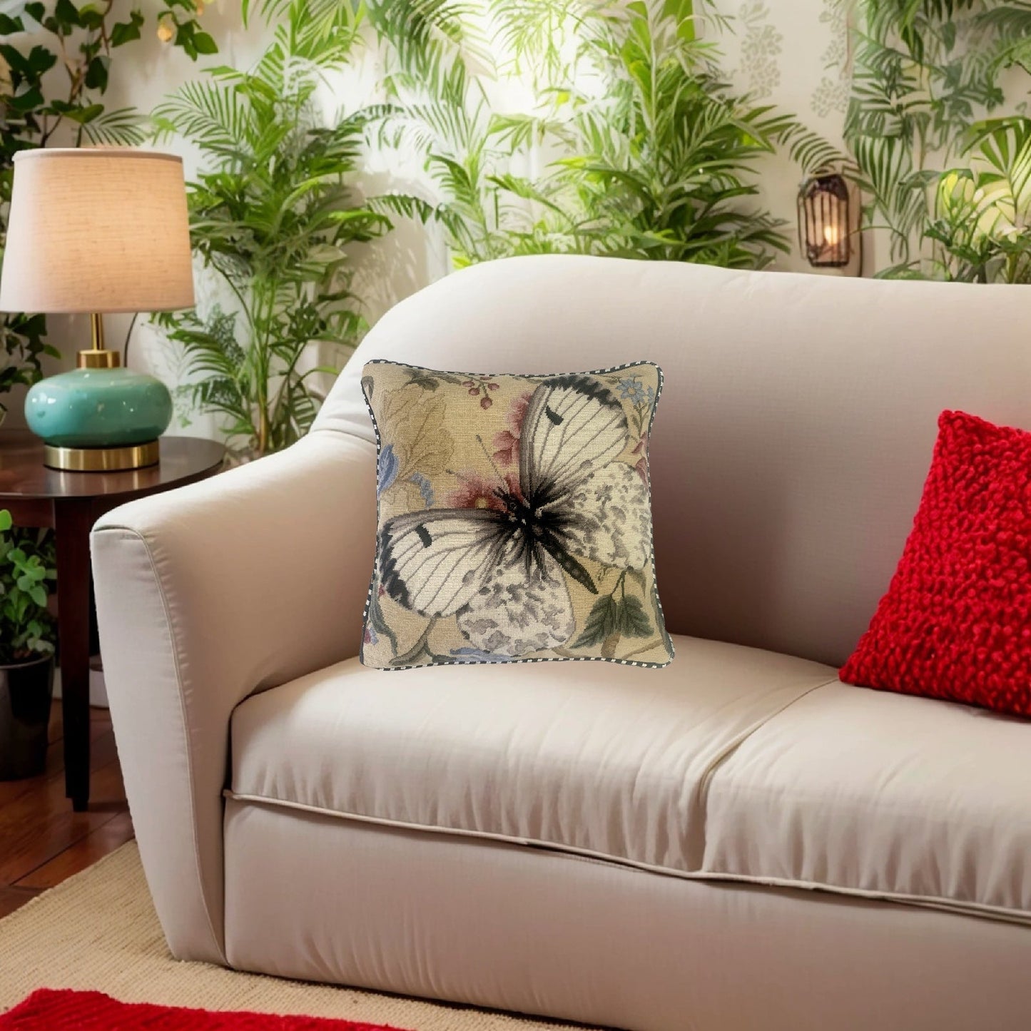 Handmade Wool Needlepoint Pillow Cover - Decorative Throw Cushion Cover - Vintage Floral Embroidery Design butterfly w/b soft dots pink flower with cording