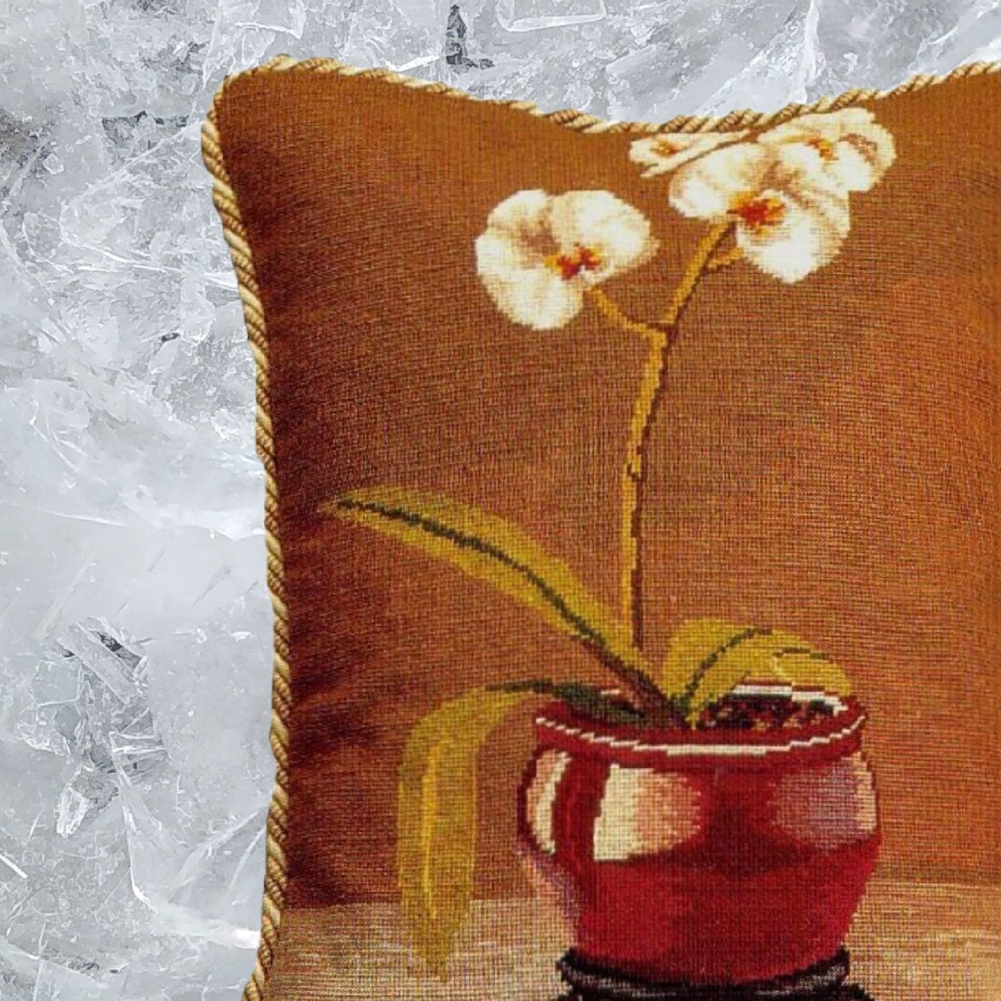 Handmade Wool Needlepoint Pillow Cover - Decorative Throw Cushion Cover - Vintage Floral Embroidery Design white orchard in red pot with 2 color cording