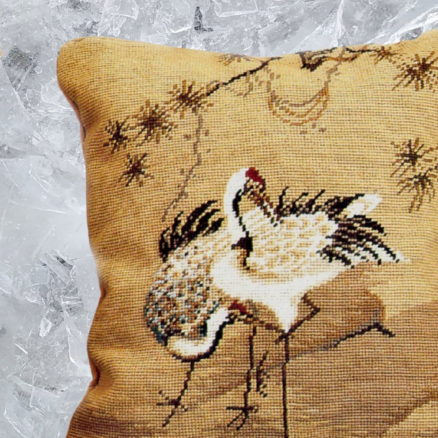 Handmade Wool Needlepoint Pillow Cover - Decorative Throw Cushion Cover - Vintage Floral Embroidery Design Cranes with pine tree 1