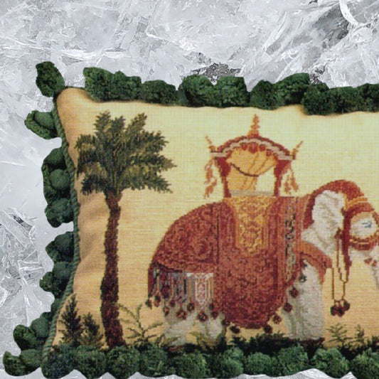 Handmade Wool Needlepoint Pillow Cover - Decorative Throw Cushion Cover - Vintage Floral Embroidery Design Raj Elephant with solid dark green tassel