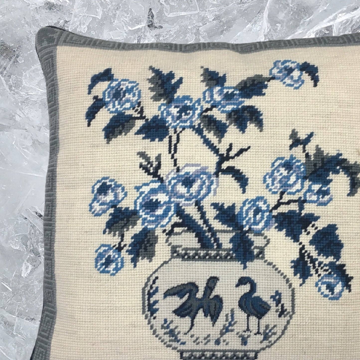 Handmade Wool Needlepoint Pillow Cover - Decorative Throw Cushion Cover - Vintage Floral Embroidery Design W/B flower in pot 2 birds