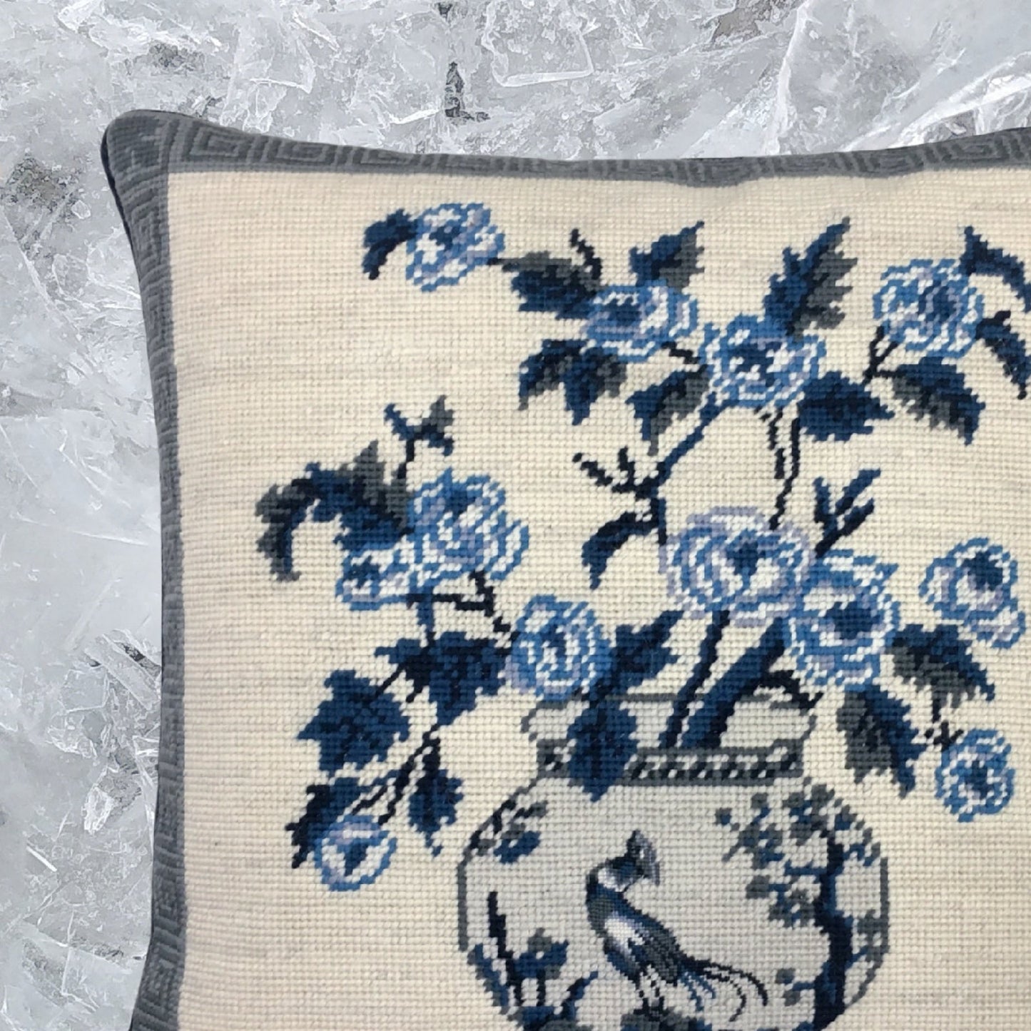 Handmade Wool Needlepoint Pillow Cover - Decorative Throw Cushion Cover - Vintage Floral Embroidery Design W/B flowers in pot 1 bird