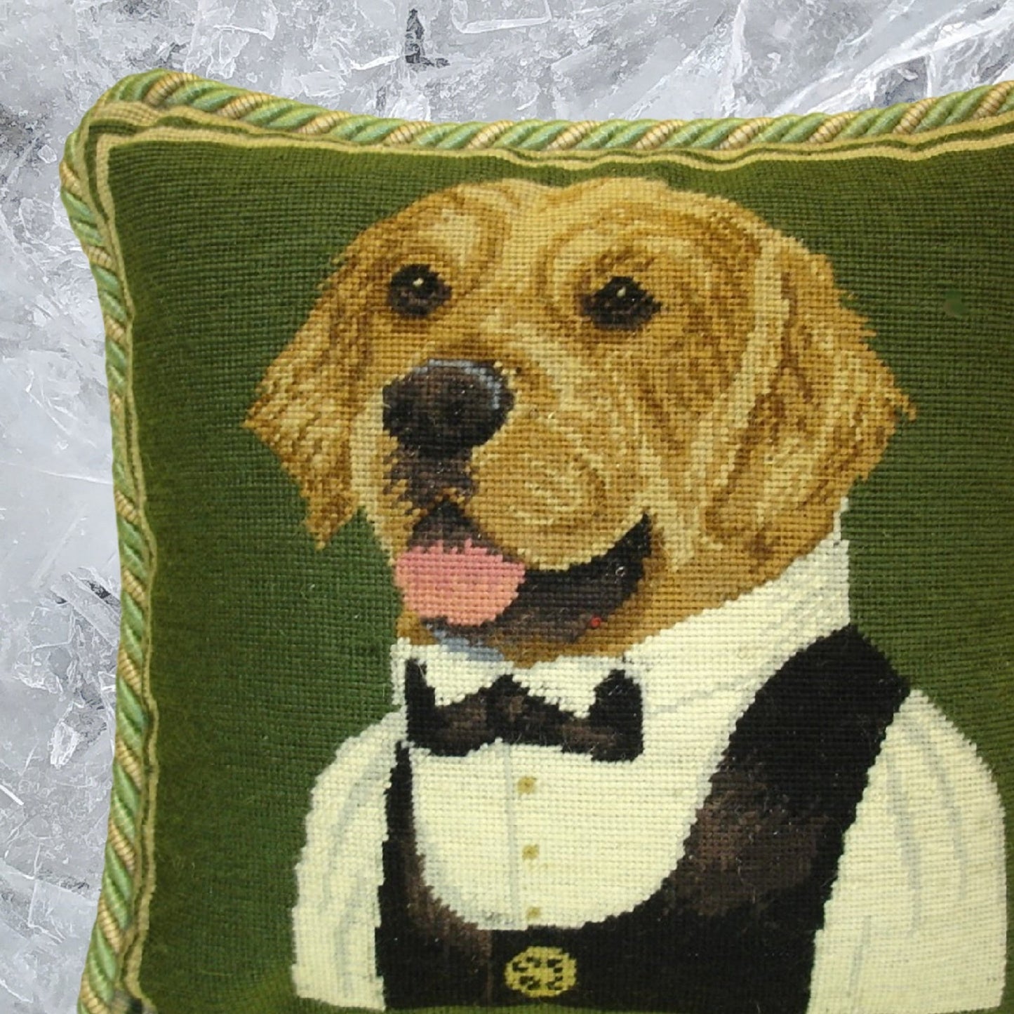 Handmade Wool Needlepoint Pillow Cover - Decorative Throw Cushion Cover - Vintage Floral Embroidery Design Waiter Retriever with 2 color cording