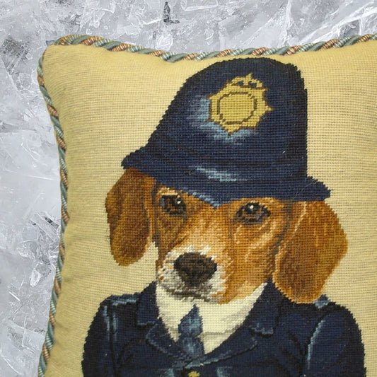 Handmade Wool Needlepoint Pillow Cover - Decorative Throw Cushion Cover - Vintage Floral Embroidery Design  Bobby Beagle with 2 color cording