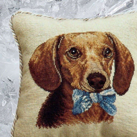 Handmade Wool Needlepoint Pillow Cover - Decorative Throw Cushion Cover - Vintage Floral Embroidery Design  Dachsund with 2 color cording