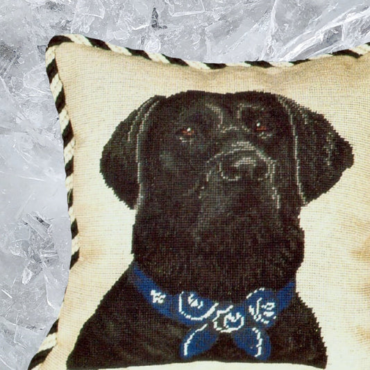 Handmade Wool Needlepoint Pillow Cover - Decorative Throw Cushion Cover - Vintage Floral Embroidery Design  black Lab with 2 color cording