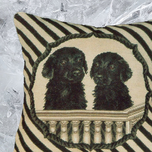 Handmade Wool Needlepoint Pillow Cover - Decorative Throw Cushion Cover - Vintage Floral Embroidery Design  twin black Labrador in balcony