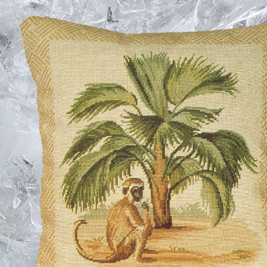 Handmade Wool Needlepoint Pillow Cover - Decorative Throw Cushion Cover - Vintage Floral Embroidery Design 5  long tail monkey & palm tree waved frame 1