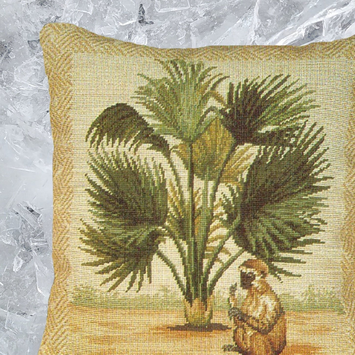 Handmade Wool Needlepoint Pillow Cover - Decorative Throw Cushion Cover - Vintage Floral Embroidery Design 5 long tail monkey & palm tree waved frame