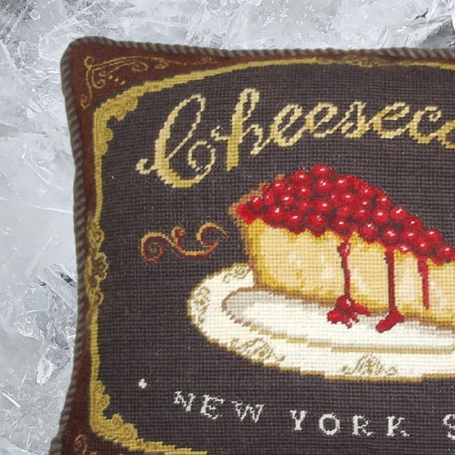 Handmade Wool Needlepoint Pillow Cover - Decorative Throw Cushion Cover - Vintage Floral Embroidery Design cheesecake with brown cording